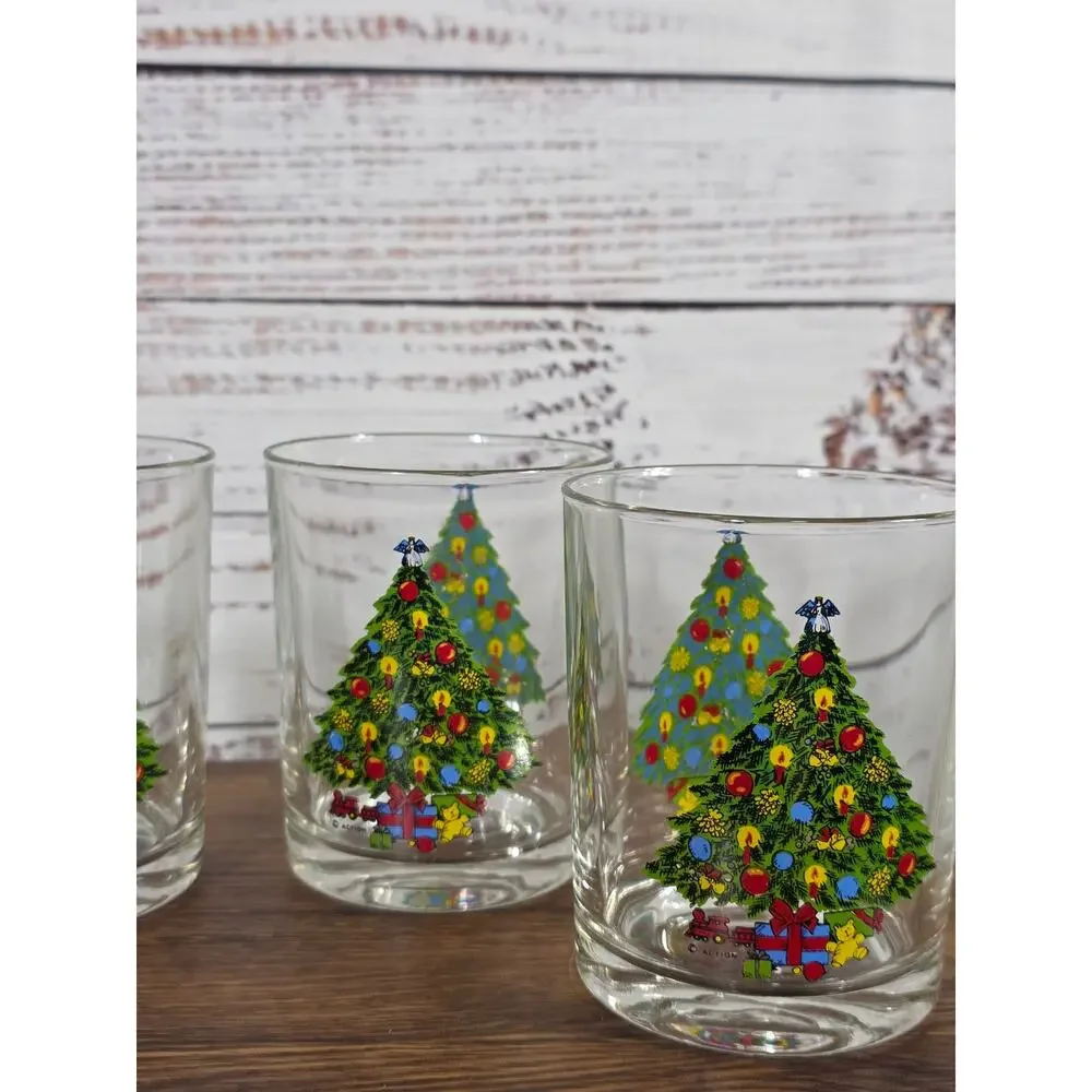 VTG Action Industries Christmas Tree Rocks Glasses Set Of 4 Holiday